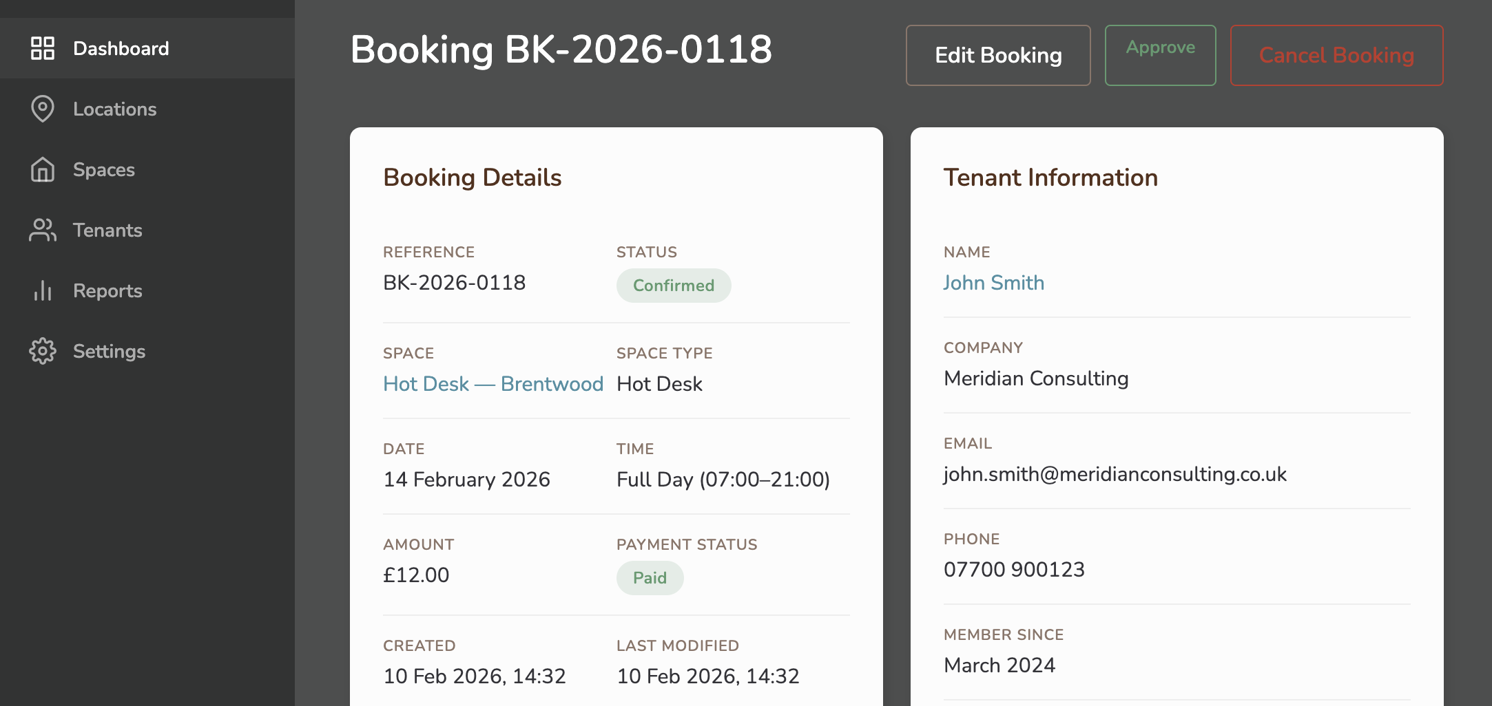 A Booking Detail view